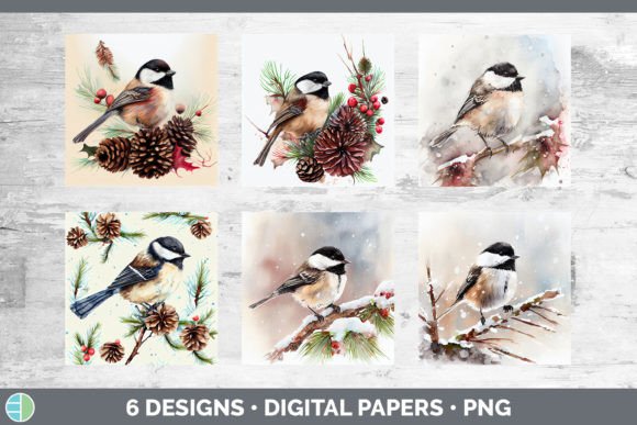 Christmas Chickadee Backgrounds Digita Illustrations