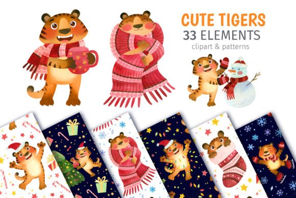 Christmas Tigers PNG Clipart Patterns for Editorial Design