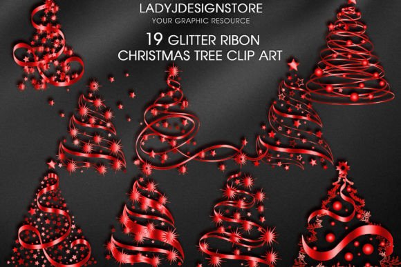 Red Ribbon Sparkle Christmas Tree Illustration