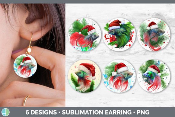 Santa Beta Fish Christmas Round Earring Illustrations