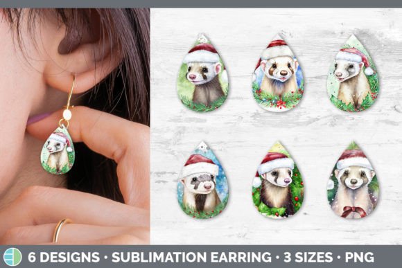 Santa Ferret Christmas Teardrop Earring Illustration