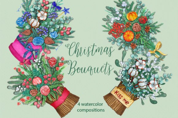 Set of Four Christmas Bouquets Illustrations