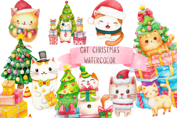 Watercolor Cat Christmas Clipart Santa for Illustrations